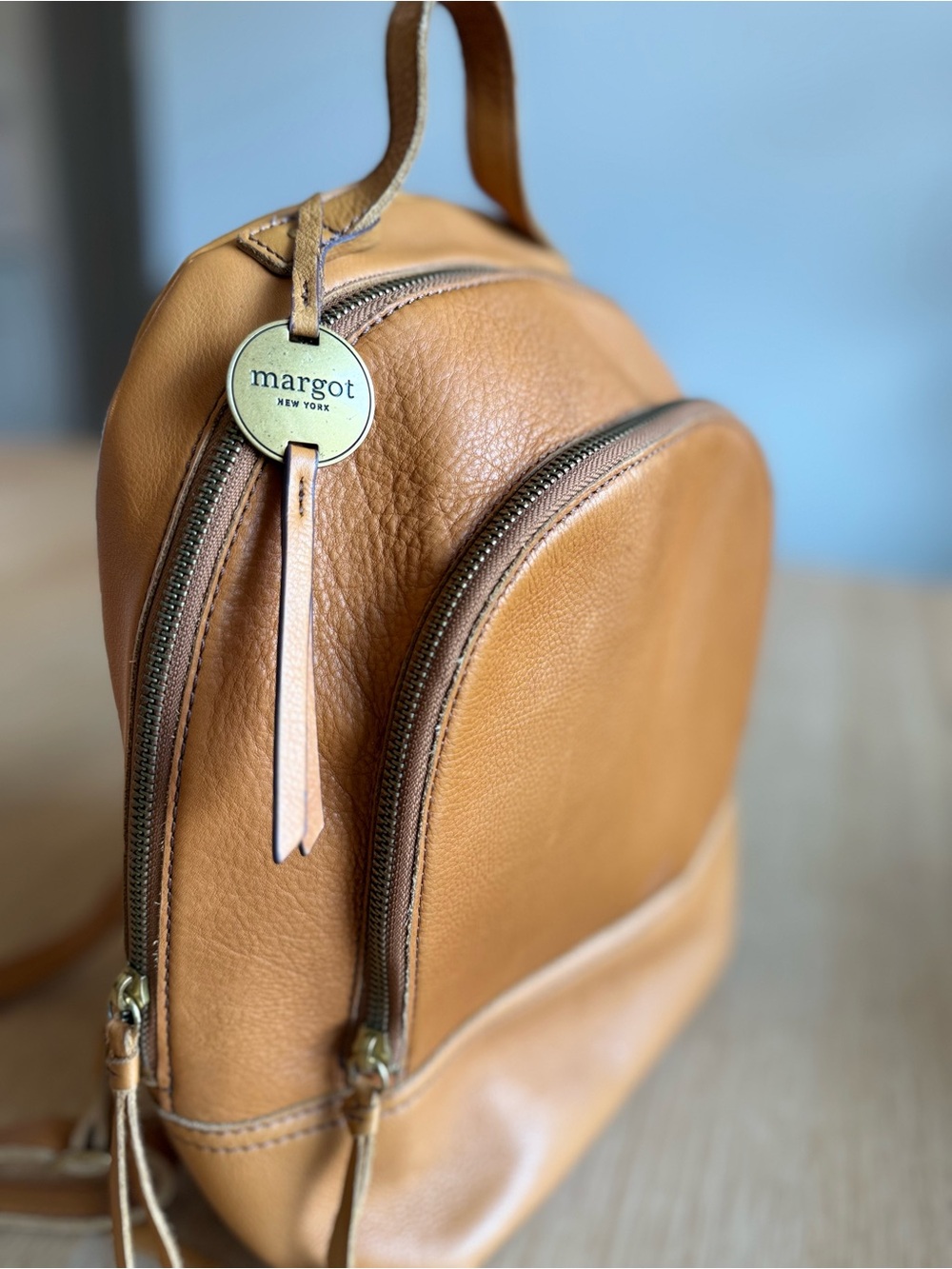 Margot Tan Pebbled Leather Mini Backpack - Saddle
